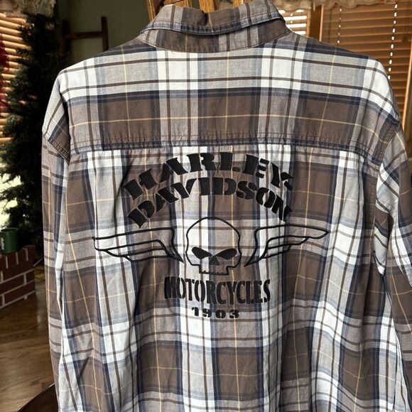 Harley Davidson Shirt Button Up Short Sleeve Brown Mechanic Biker Men's XL - Picture 7 of 8